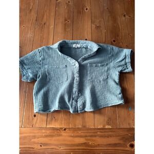 Love Notes Gauze Button Down Shirt Blue Short‎ Sleeve Pocket M